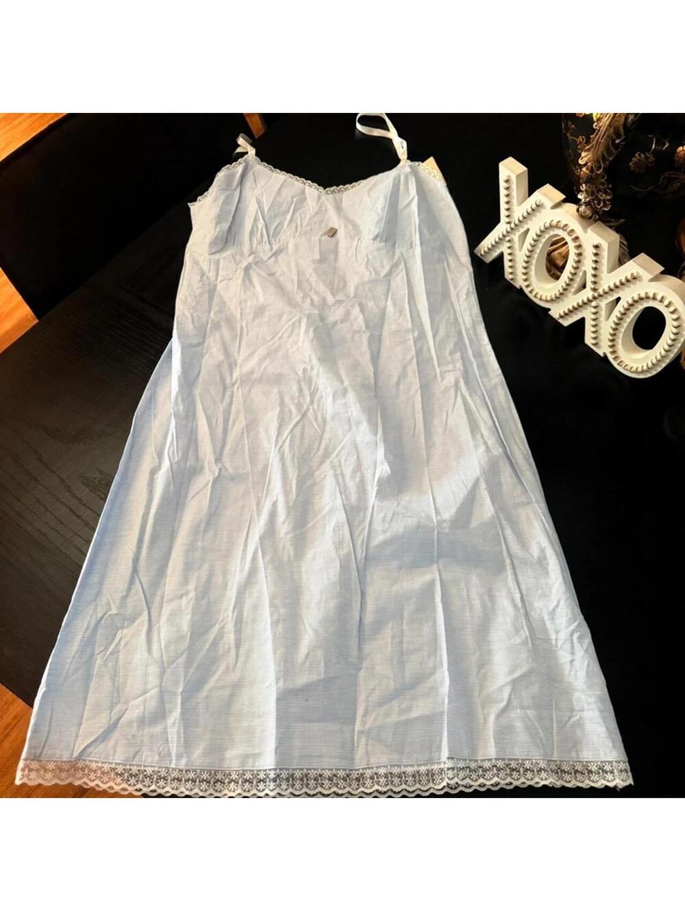 Burberry Blue Stripe Lace Trim Nightgown Size Small NWT Cotton Slip Dress - Picture 2 of 8